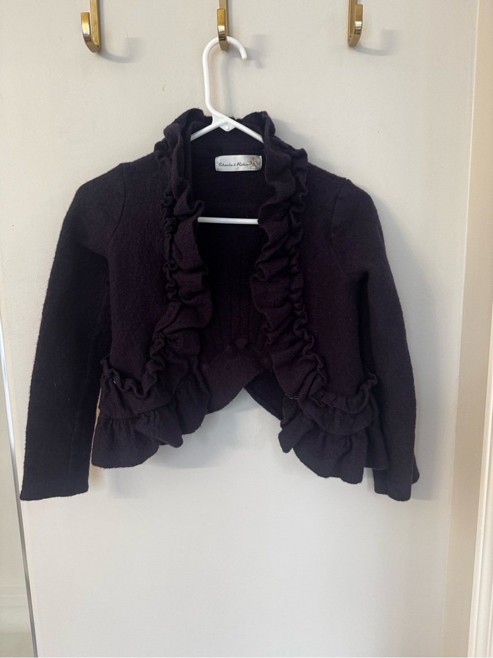 Charlie & Robin 100% Wool Plum Purple Ruffle Cardigan Medium